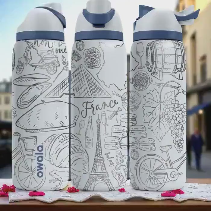 France Inspired Owala Tumbler – 16oz 24oz 32oz 40oz Travel Bottle with Eiffel Tower, Baguette, Macarons – Engraved Paris Gift Idea