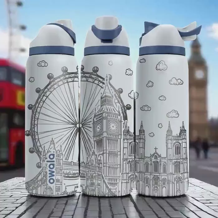 Engraved London Tumbler – Owala Water Bottle with Big Ben and Eye Design – British Landmark Cup – 16oz 24oz 32oz 40oz