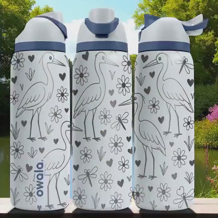 Engraved Heron Water Bottle – Elegant Owala Tumbler with Flowers and Dragonflies – 16oz 24oz 32oz 40oz Nature Lover Gift