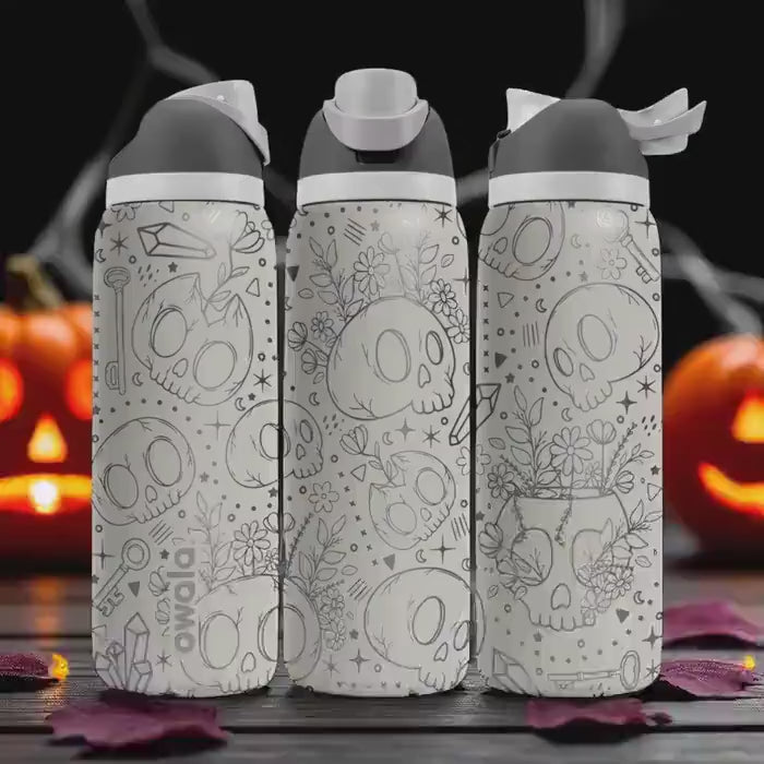 Engraved Skull Floral Tumbler – Owala Water Bottle with Halloween Style Design – 16oz 24oz 32oz 40oz