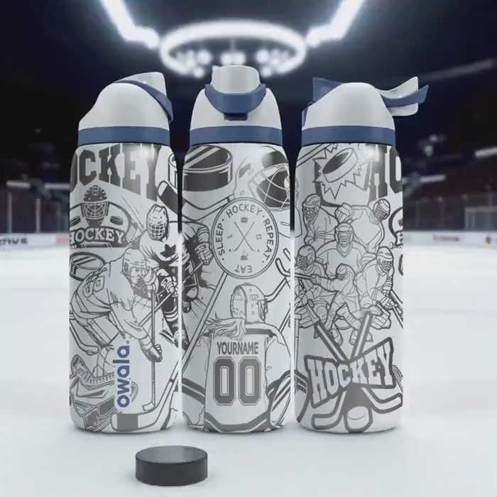 Hockey Engraved Owala Bottle – Personalized Player Wrap Design – Stainless Steel Sports Cup 16oz 24oz 32oz 40oz