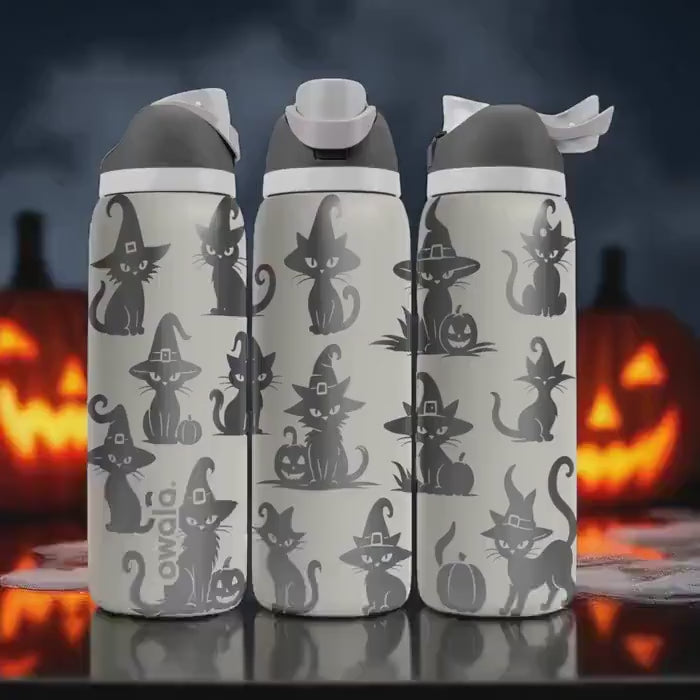 Halloween Cat Owala Bottle – Laser Engraved Black Witch Cat Water Bottle – Spooky Custom Gift for Kids and Cat Lovers 16oz 24oz 32oz 40oz
