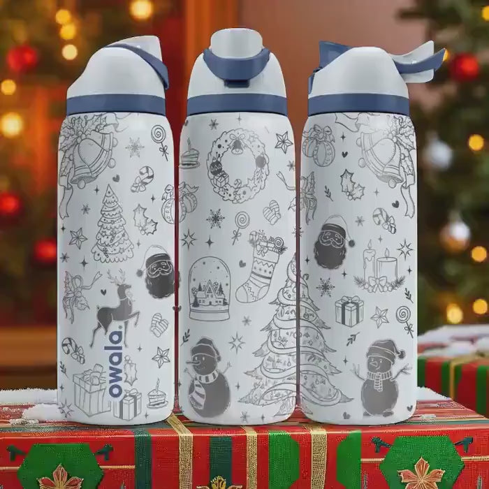Christmas Owala Engraved Tumbler – Holiday Laser Gift – Santa, Tree, Gifts, Snowman Design – 40oz 32oz 24oz Bottle