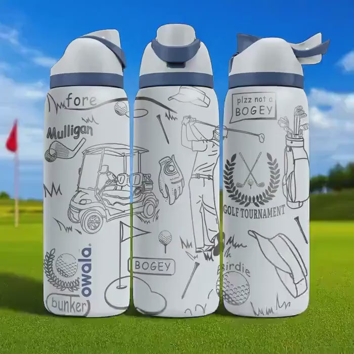 Engraved Golf Tumbler – Owala Bottle with Golf Cart and Clubs – Funny Golfer Gift – 16oz 24oz 32oz 40oz Water Bottle