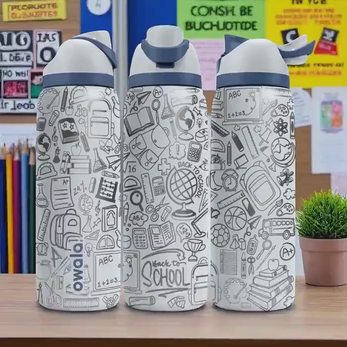 Back to School Owala Engraved Water Bottle – 16oz 24oz 32oz 40oz – Student Teacher Gift, Classroom Doodle Tumbler