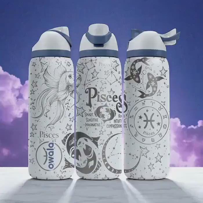 Pisces Zodiac Engraved Owala Bottle – 16oz 24oz 32oz 40oz Astrology Gift – Fish Star Sign Water Bottle for Her or Him