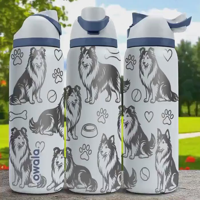 Collie Dog Engraved Owala Bottle – Elegant Fluffy Pup Gift – 16oz 24oz 32oz 40oz Water Bottle for Dog Lovers with Laser Design