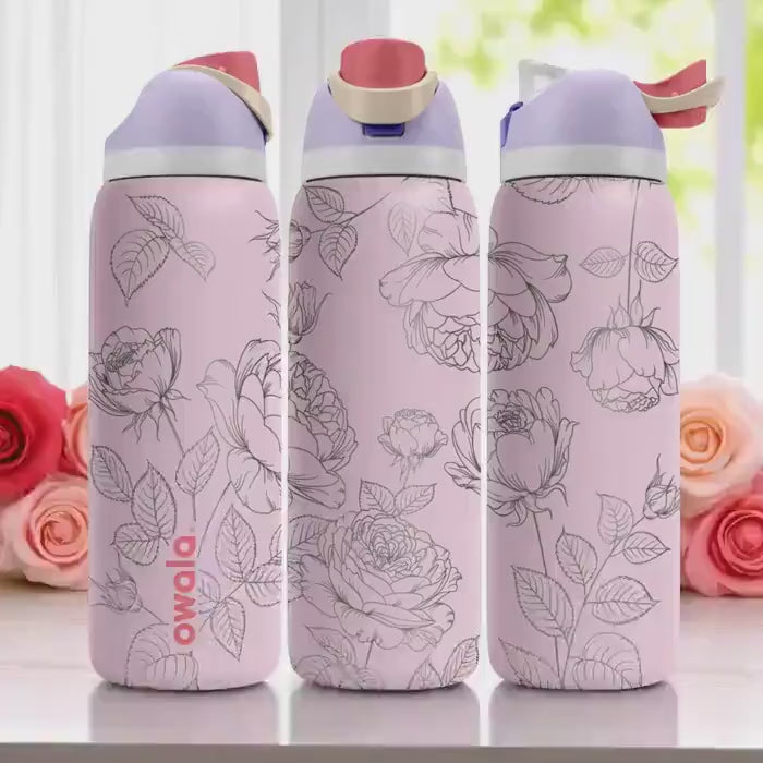 Elegant Rose Engraved Owala Tumbler – 16oz 24oz 32oz 40oz Floral Water Bottle – Romantic Gift for Her or Garden Lovers