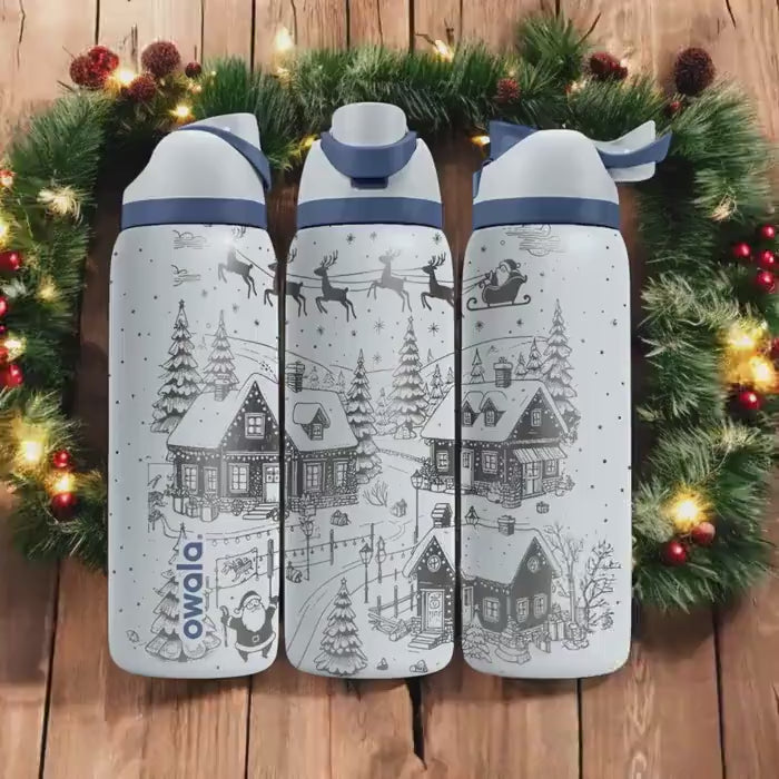 Christmas Village Engraved Owala Bottle – Santa Sleigh and Cabin Winter Design – Holiday Gift Stainless Cup 16oz 24oz 32oz 40oz