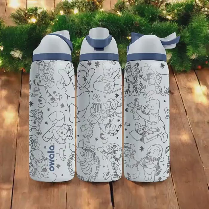 Christmas Engraved Owala Bottle – Cozy Winnie and Friends Winter Design – Cute Holiday Gift Stainless Cup 16oz 24oz 32oz 40oz