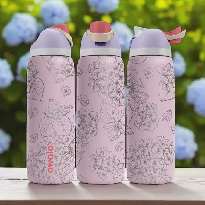 Engraved Hydrangea Tumbler – Pink Floral Owala Bottle – Laser Etched Water Cup – Elegant Gift – 16oz 24oz 32oz 40oz